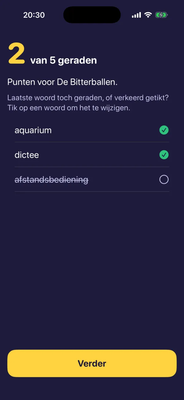 Na de beurt: 2 van 5 geraden. Aquarium en dictee zijn geraden, afstandsbediening niet.