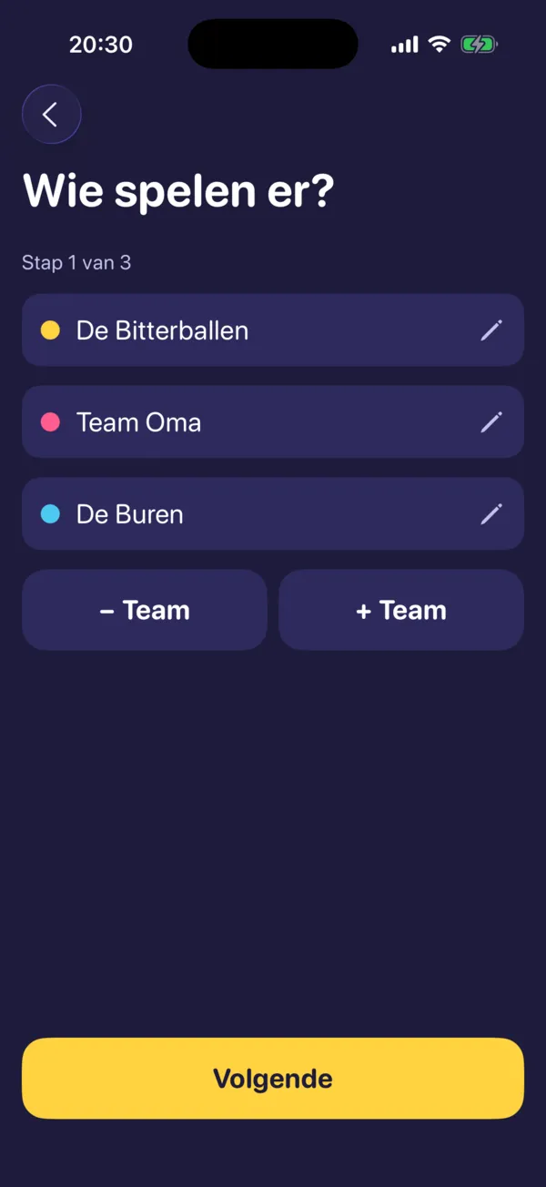 Het scherm Wie spelen er?, met drie teams: De Bitterballen, Team Oma en De Buren.